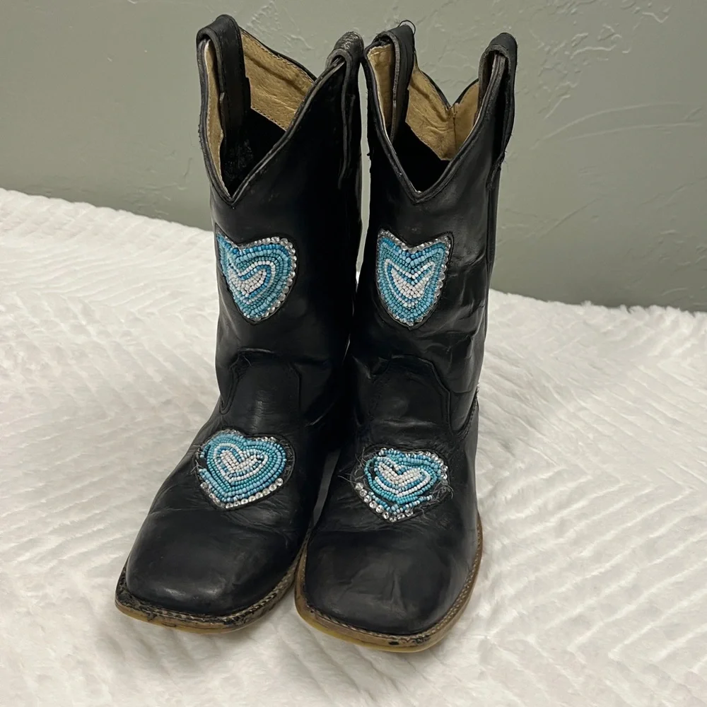 Roper Black Turquoise Kid‎ Cowgirl Boots size 3 western beads leather